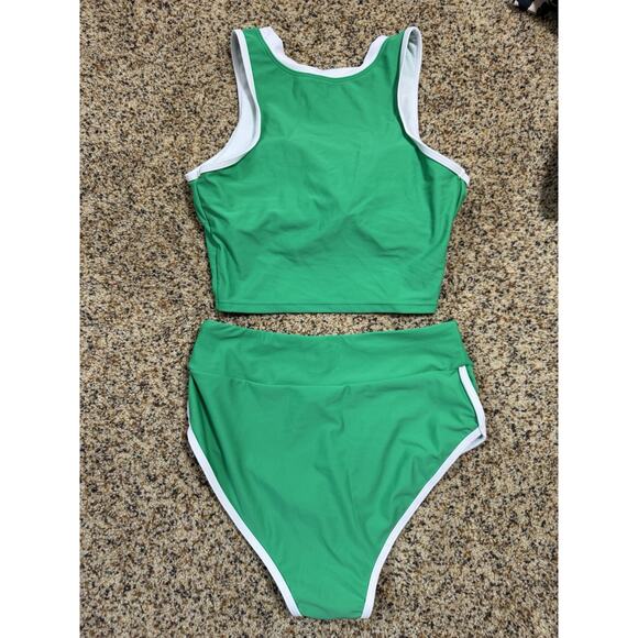 Women's High Waisted Bikini Set Crew Neck Color Block Sporty Swimsuit Green‎ S - Picture 3 of 8
